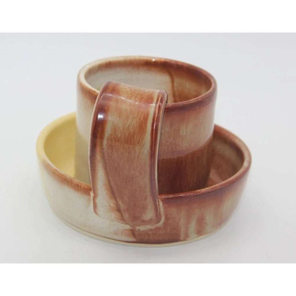 Handmade Pottery Microwave Bacon Cooker Yellow Brown Reactive Glaze Heavy Signed